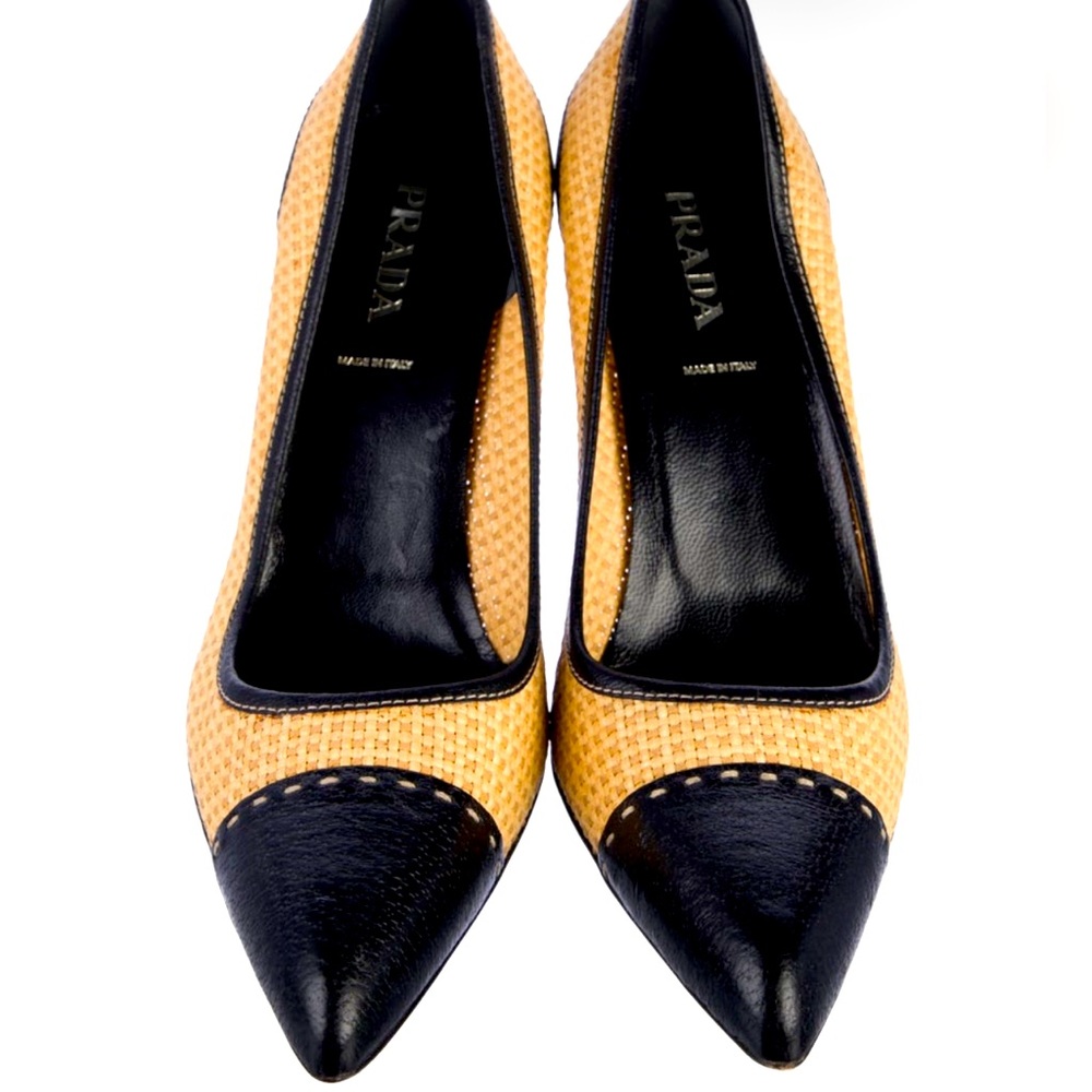 Prada color block straw leather pumps